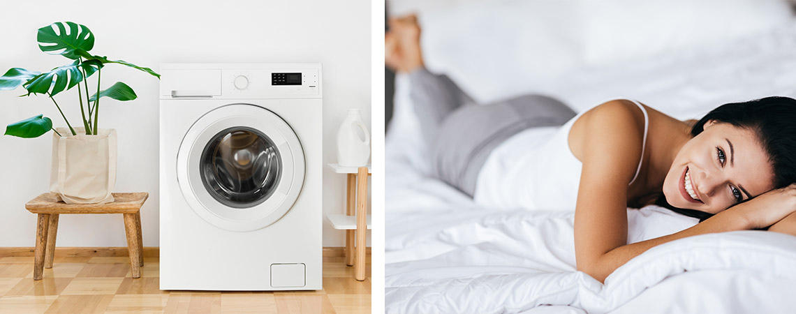 Washing machine, woman lying in bed