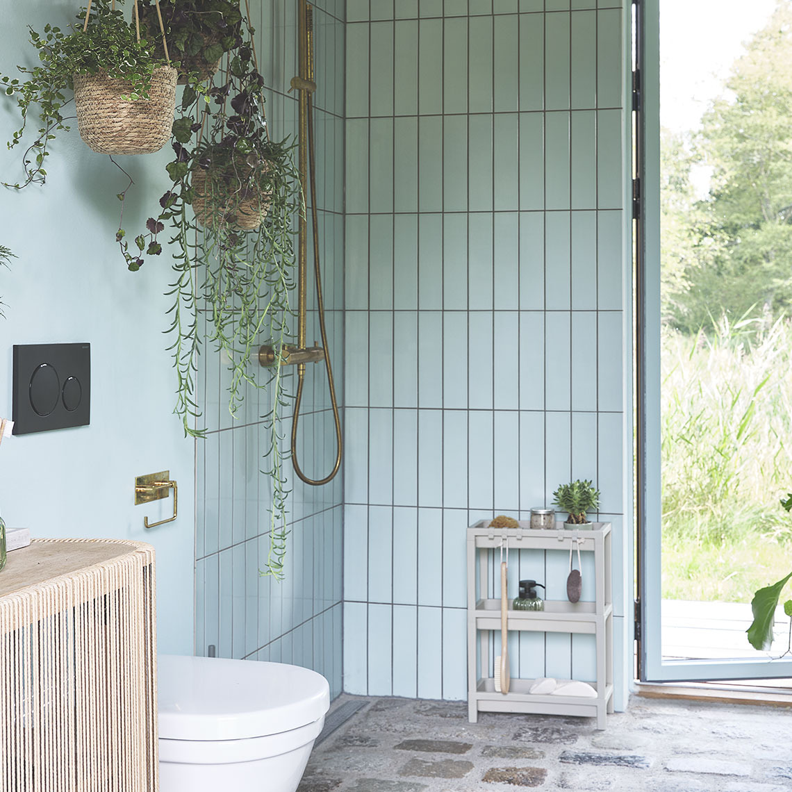 Espace de salle de bain avec une douche, un rangement de douche et des plantes tombantes