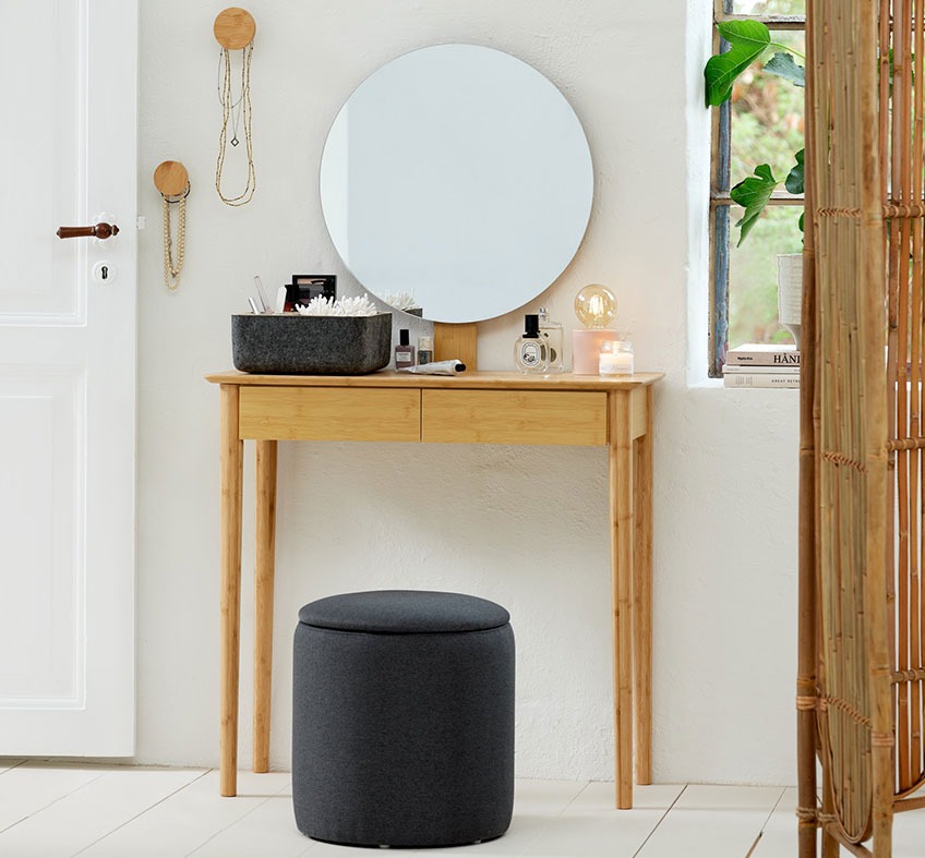 Coiffeuse SAKSILD avec miroir, pouf GISLEV Coiffeuse en bambou avec miroir et pouf de rangement
