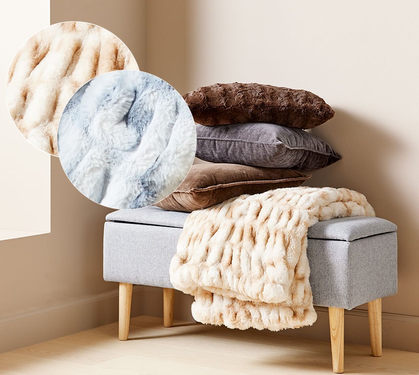 Bench with faux fur throw and cushions in velour, chenille and faux fur