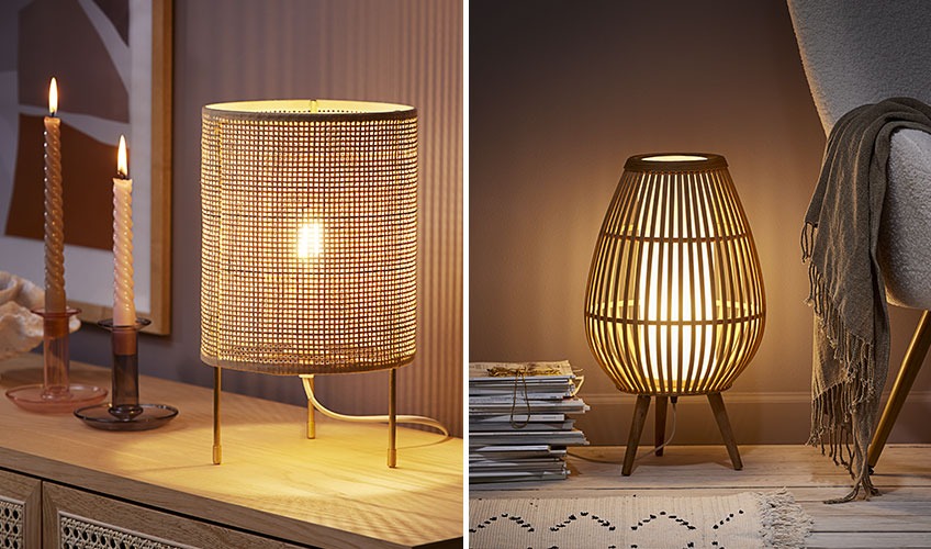 Lampe de table ALBERT, et lampe de sol DANI Lampe de table en rotin et lampe en bambou