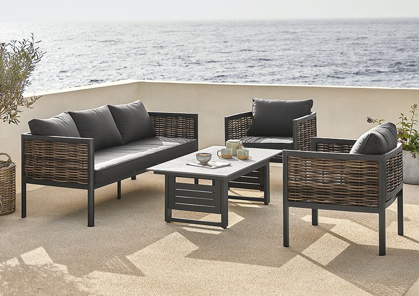 Ensemble lounge SALTEN avec table ajustable en hauteur Ensemble lounge noir à séchage rapide avec un canapé, 2 fauteuils et une table ajustable en hauteur