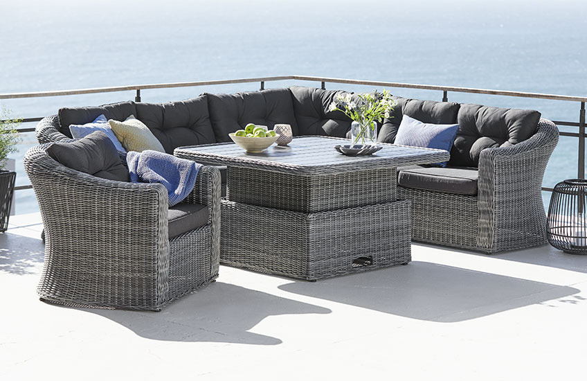 Ensemble de jardin gris avec canapé d’angle, chaises et tables ajustables 